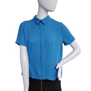 Forever 21 Chiffon Shirt Size Medium Blue Buttons Down On Back Collared
